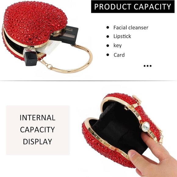 Mini Heart Shaped Purse,Valentines Purses and Handbags,Rhinestone Evening Purse - Picture 3 of 6